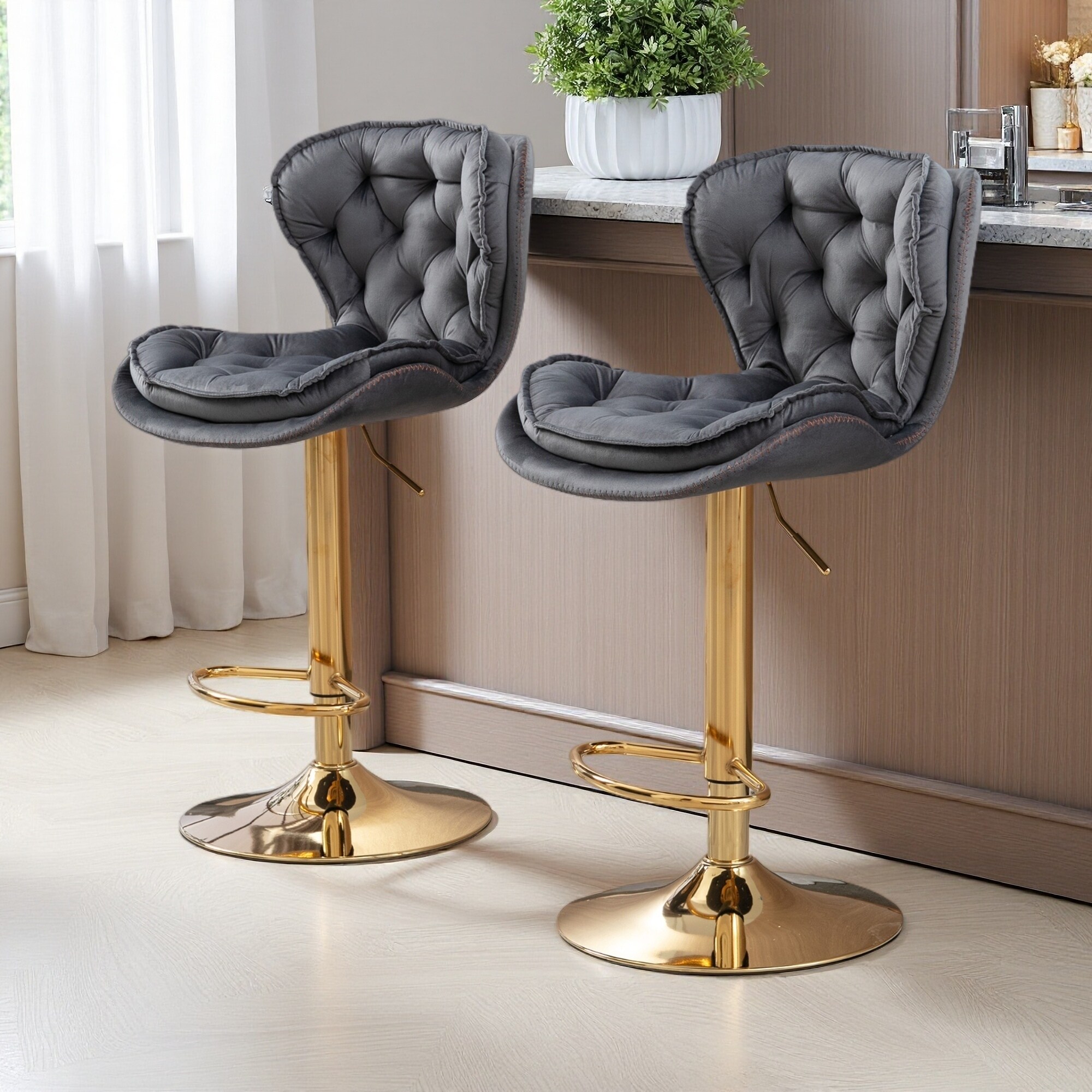 34.6"H Set of 2 Adjustable Velvet Swivel Bar Stools with Chrome Base & Footrest