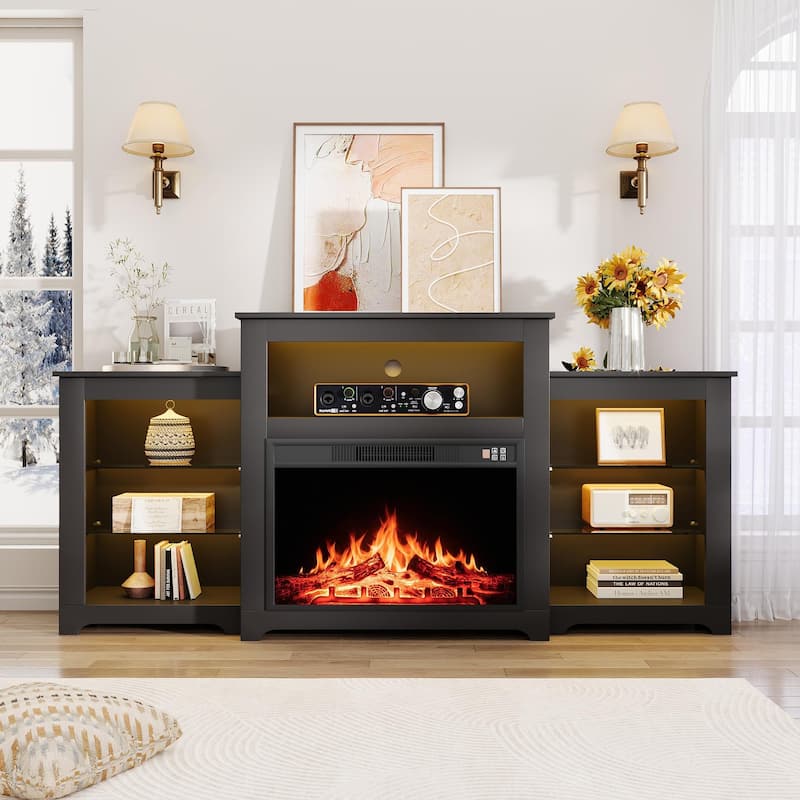 32" H Fireplace TV Stand, 55/70 Inch Media Console for TVs up to 80", Remote, Storage & LED Lights - 70" - Black