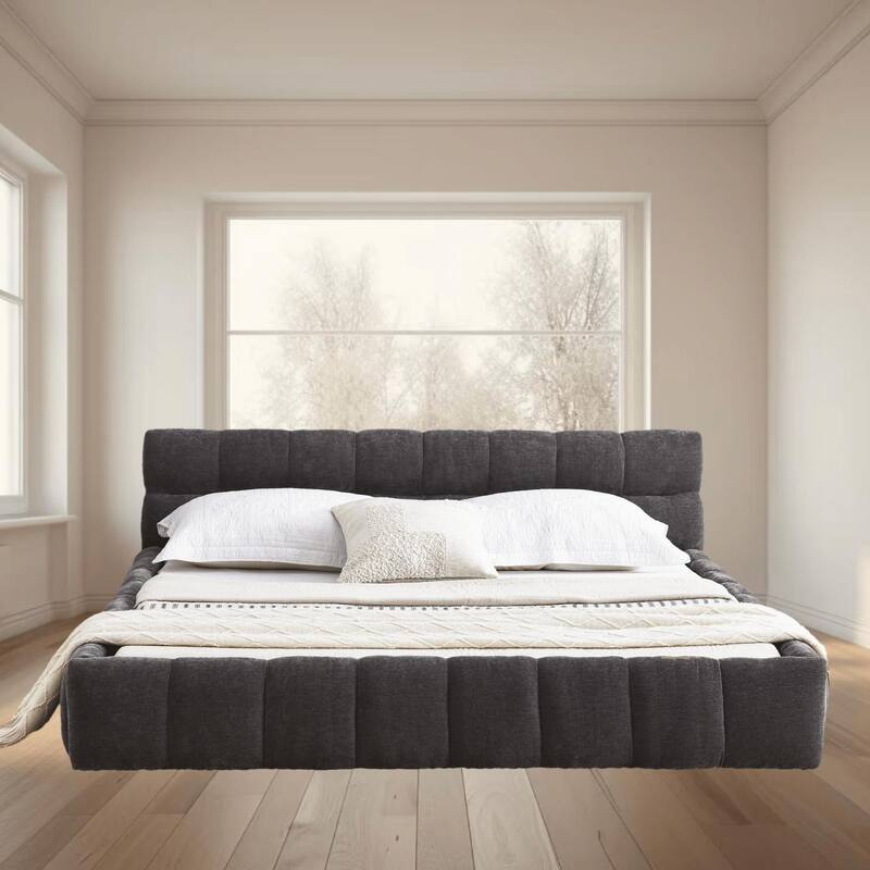 Queen Upholstered Platform Bed Frame with Chenille Fabric, Sturdy Frame, and Headboard, No Box Spring Needed, Bedroom Furniture - Grey - Queen