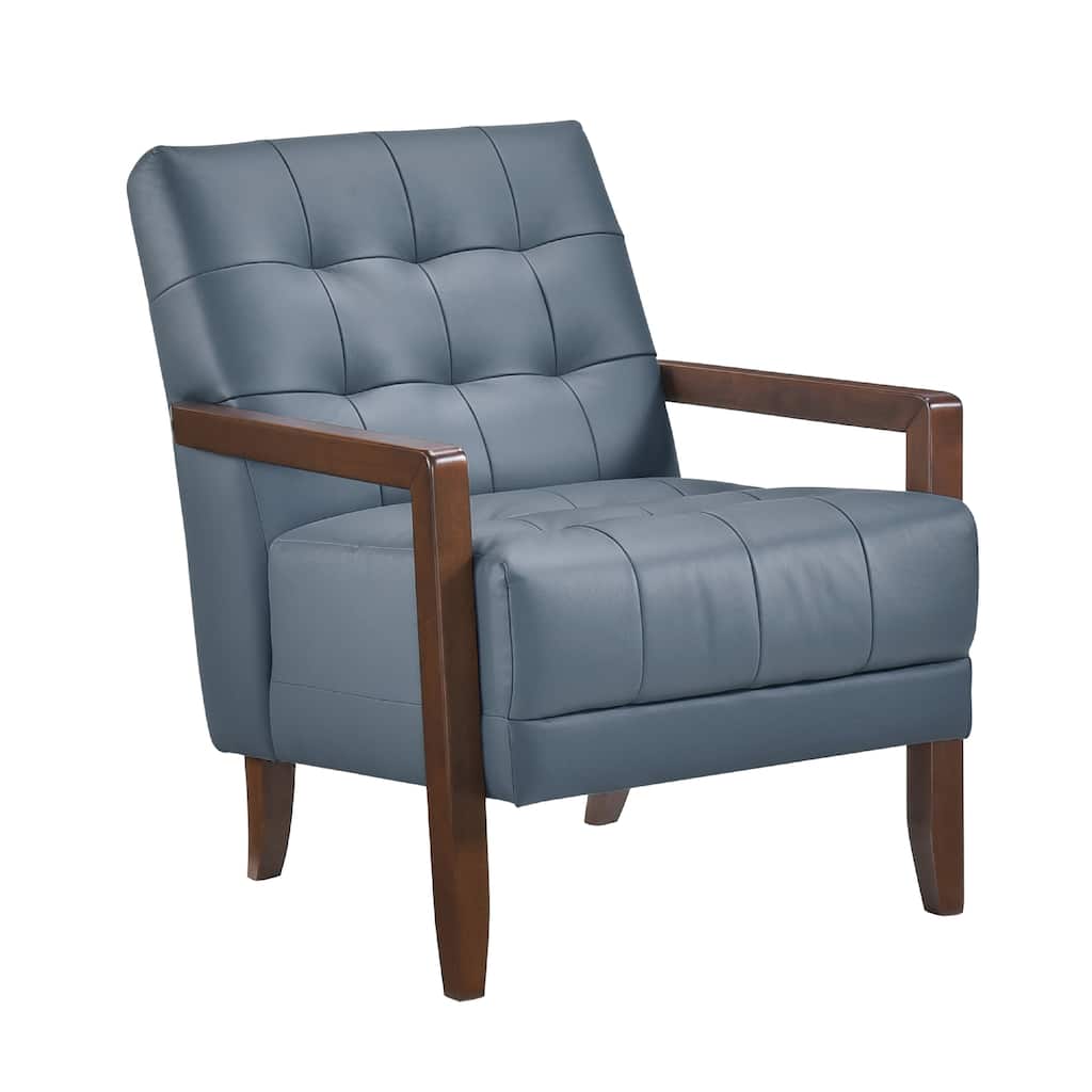 Lenie Accent Armchair, Button Tufted Blue Leather, Walnut Brown Wood