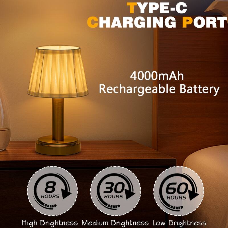 Modern Type-C Rechargeable LED Table Lamp Dimmable Touch Control with Fabric Shade For Bedroom Living Room - W6''