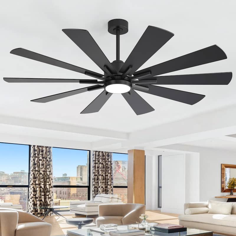62"/72" Reversible 10-Blade Large LED Ceiling Fan with Light and Remote - 62-inch