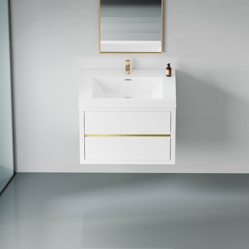 35.5" Glossy White Bathroom Vanity with U-Shape Drain Design, Soft-Close Drawers, and Stone Resin Countertop