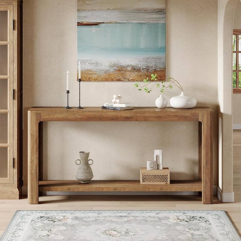 63 Inches Brown MDF Entryway Table, 2-Tier Console Table for Living Room