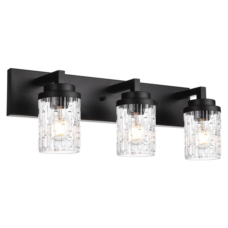 3-Light Bathroom Lighting, Modern Black Vanity Light Fixture Over Mirror, Industrial Fixture with Clear Grid Glass