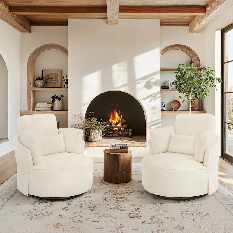 Modern Upholstered Swivel Accent Chair Round Chair with Pillows Single Sofa Chair Chenille Armchair for Living Room - Beige - Set of 2