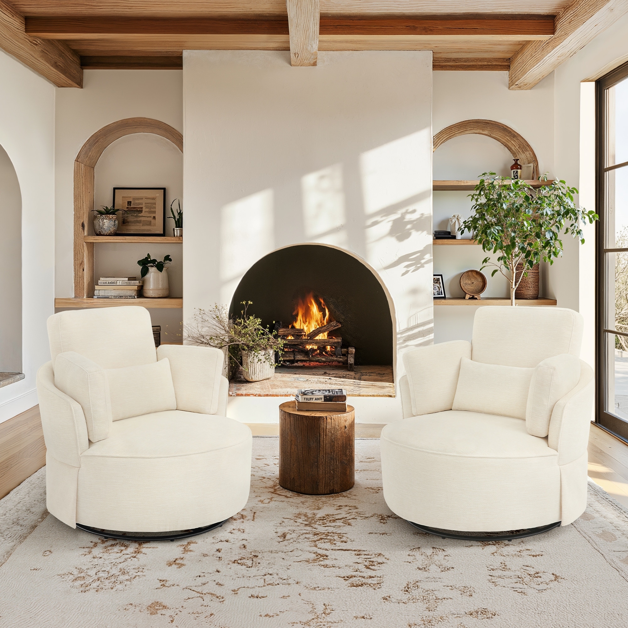 Modern Upholstered Swivel Accent Chair Round Chair with Pillows Single Sofa Chair Chenille Armchair for Living Room