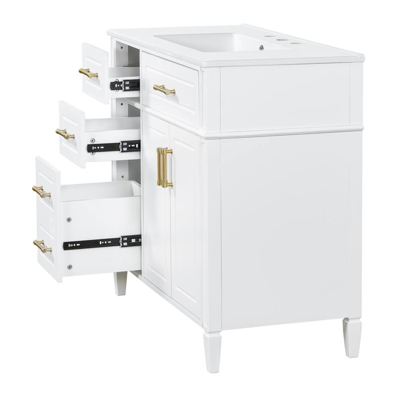 36 Inch Single Sink Bathroom Vanity Cabinet with 4 Drawers, Vanity Base & Ceramic Basin Set