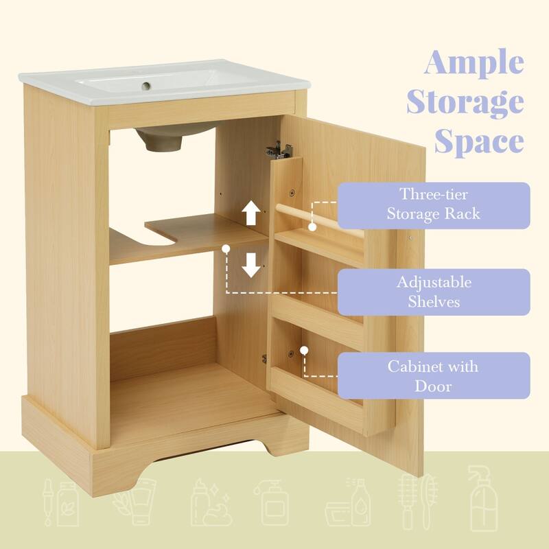 20" Natural Wood Bathroom Vanity Cabinet with Sink, Soft Closing Door and Adjustable Shelve