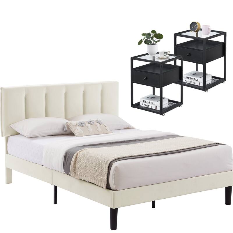 VECELO, Five Colors, 3-Pieces Tufted Upholstered Platform Bed Frame with Adjustable Height Headboard and Nightstands Set of 2 - Beige - Full