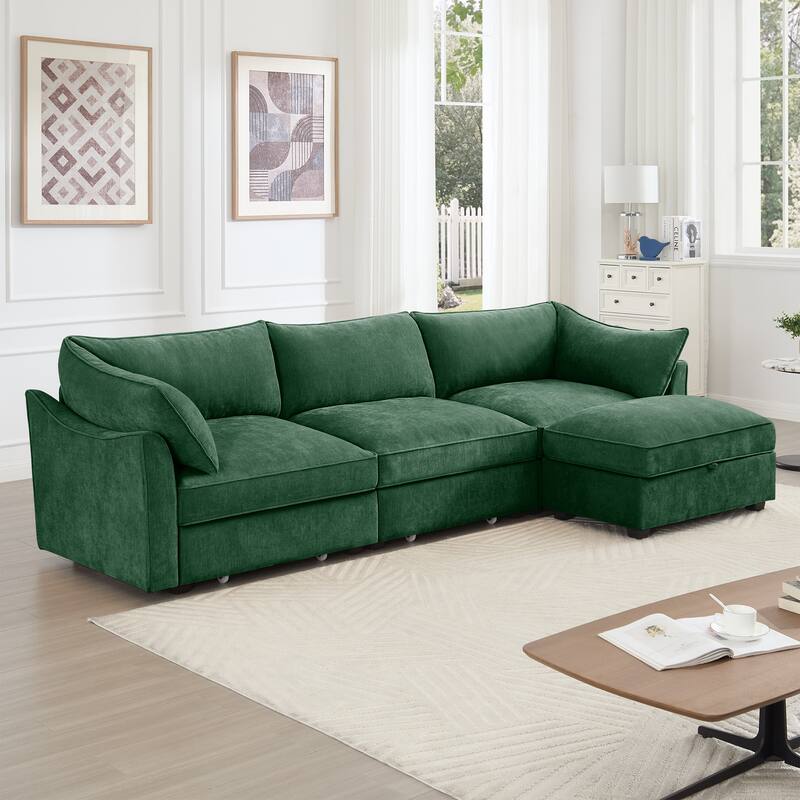 GDFStudio - Chenille L-Shaped 3-Seater 112.6" Sectional Sofa with Ottoman