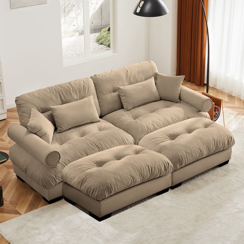 Velvet Fabric Loveseat Couch Modular Sectional Sofa with 2 Ottomans