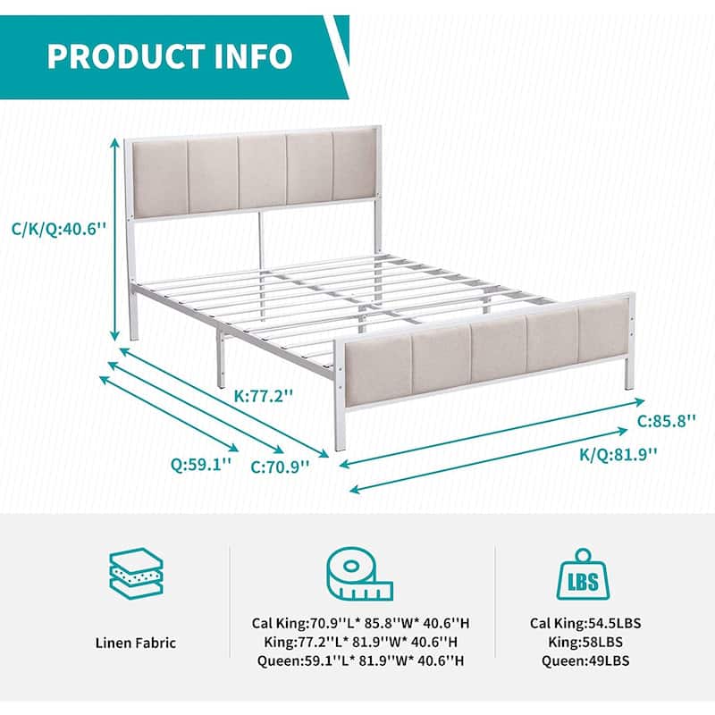 Mixoy Bed Frame, Linen Upholstered Platform Bed Bedroom, Bed Frame with Channel Tufted Headboard, No Box Spring Needed