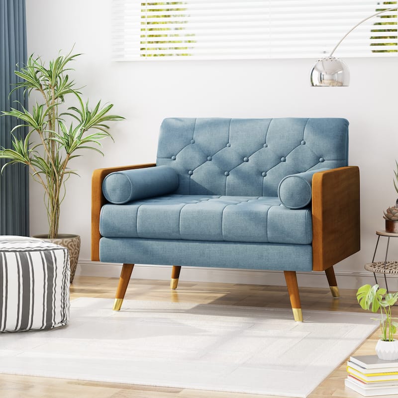 Modern 37.75" Upholstered Button Tufted Club Chair with Rolled Accent Pillows and Wood Frame