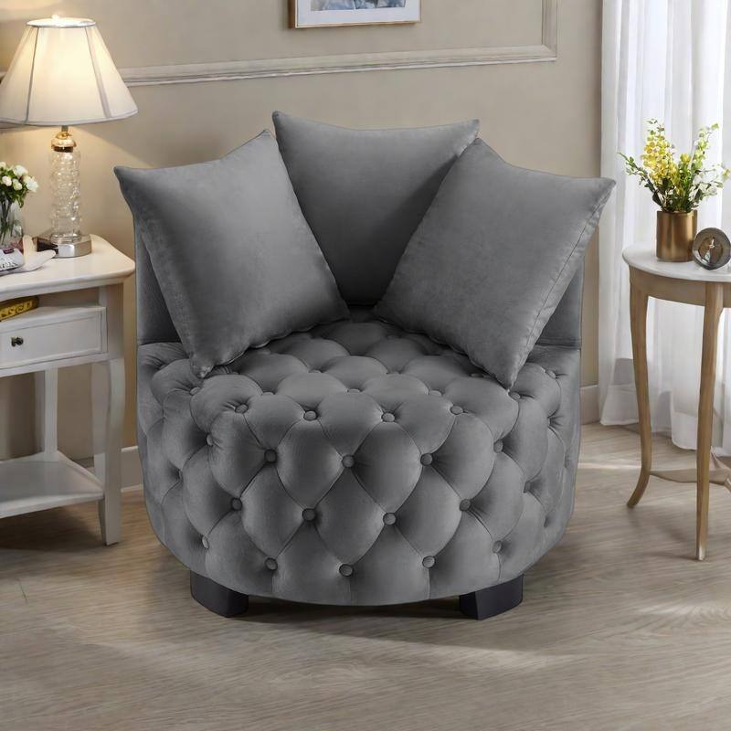 Velvet Tufted Accent Chair with Crescent Backrest and Solid Wood Frame - Dark Gray