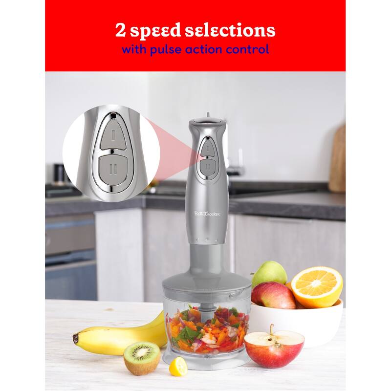 BETTY CROCKER Hand Blender with Beaker,Chopper & Whisk, Silver