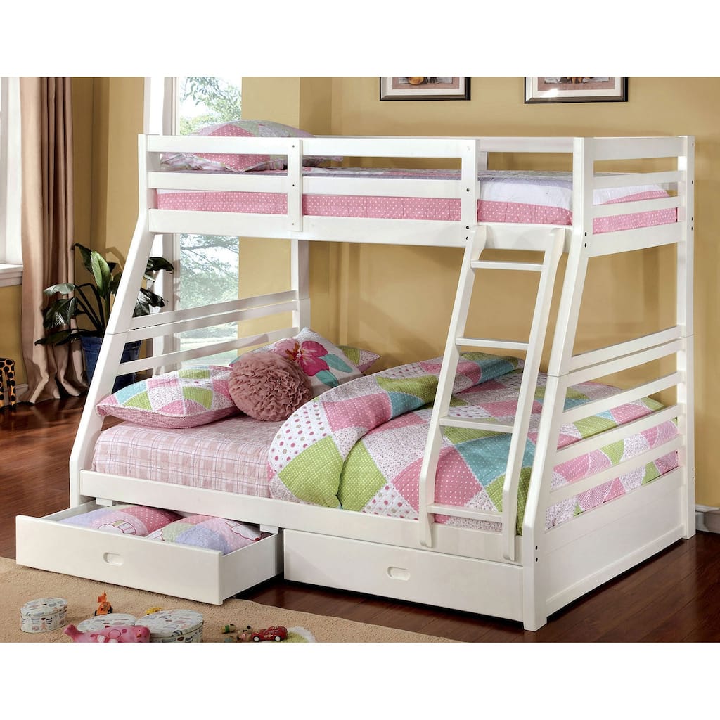 Twin Over Full Bunk Bed with Storage Drawers & Attached Ladder, White Finish