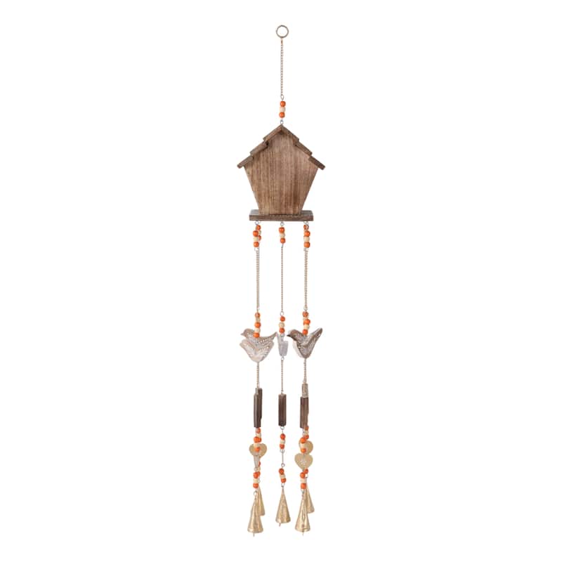 Wood Metal Hand Painted Birdhouse Chime Home Garden Decor - 38" Brown - 7" x 5" x 38"