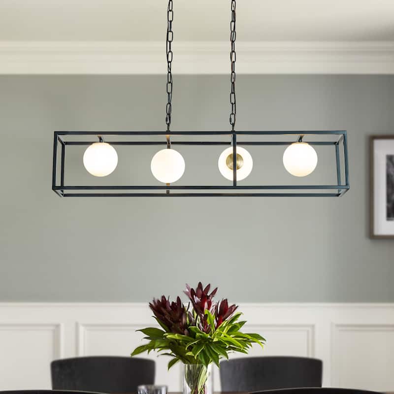 CraftHome 4-Light Matte Black Modern Industrial Linear Metal Chandelier With Glass Shade for Kitchen Island Decor - W:39" - W:39" - Matte Black