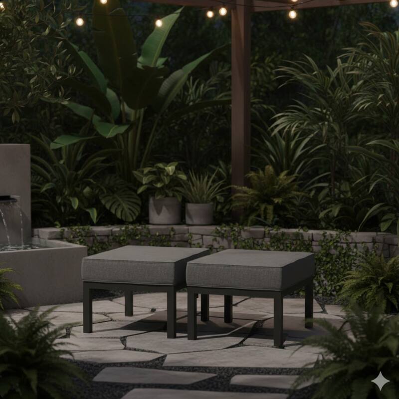 Set of 2 24" Aluminum Patio Ottomans with Dark Gray Cushions