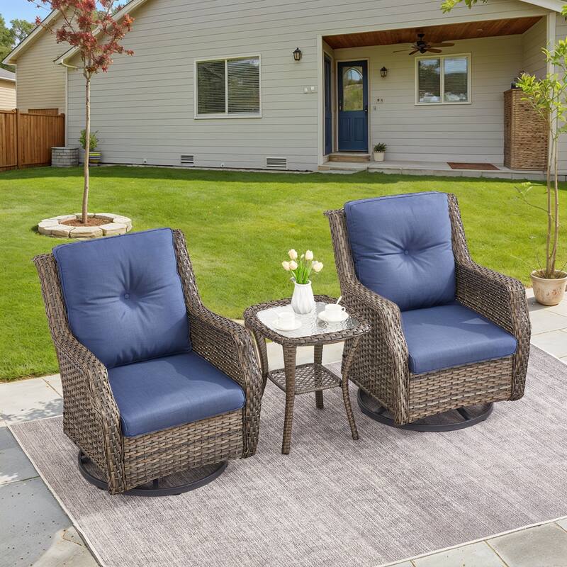 Gymojoy 3-Piece Patio Outdoor Wicker Bistro Rocking Chair - Grey - Grey - Blue