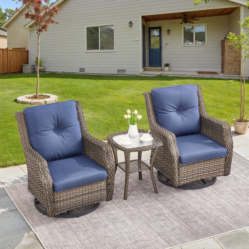 Pocassy Patio Swivel Glider Chairs with Ottoman and Table - Blue Cushion - Grey Wicker - 3-Piece Swivel Chair with Side Table