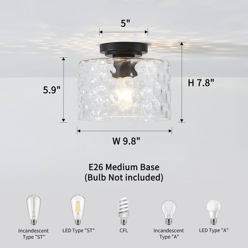 KAWOTI 1-Light Flush Mount with Hammered Glass Shade - W9.8" x H7.8" x D9.8"