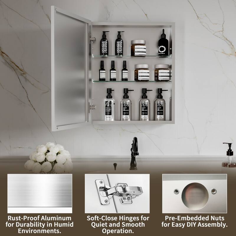 Modland Single Door Bathroom Medicine Cabinet with Mirror Adjustable Shelves,Recessed or Surface Mount