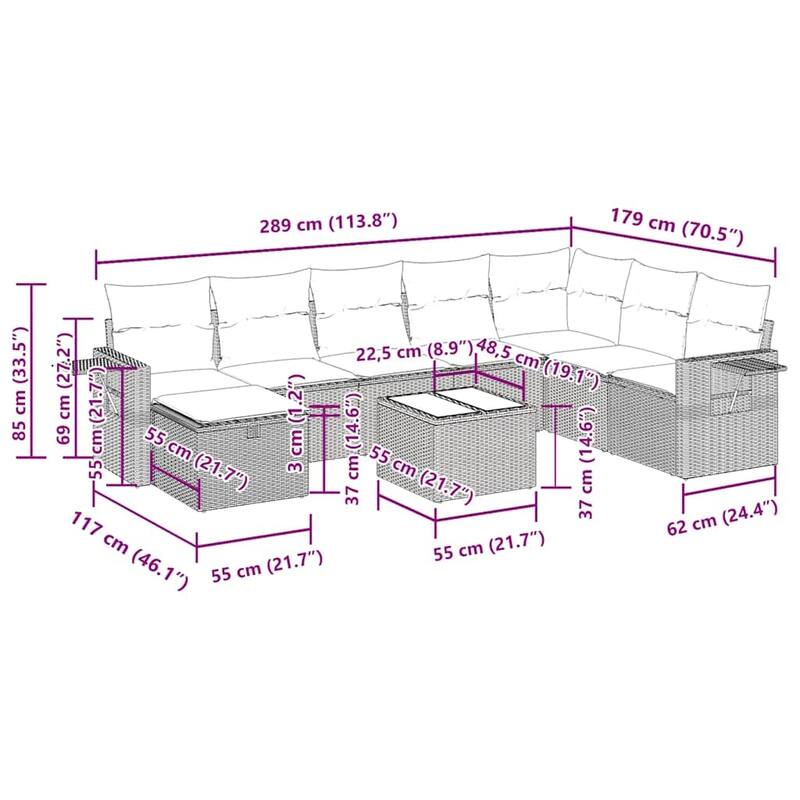 vidaXL 8 Piece Patio Sofa Set with Cushions Black Poly Rattan - 21.7 x 24.4 x 27.2