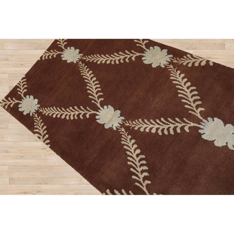 Hand Knotted Trellis Brown Floral Wool & Silk Traditional Area Rug - 3' 3'' x 5' 4''