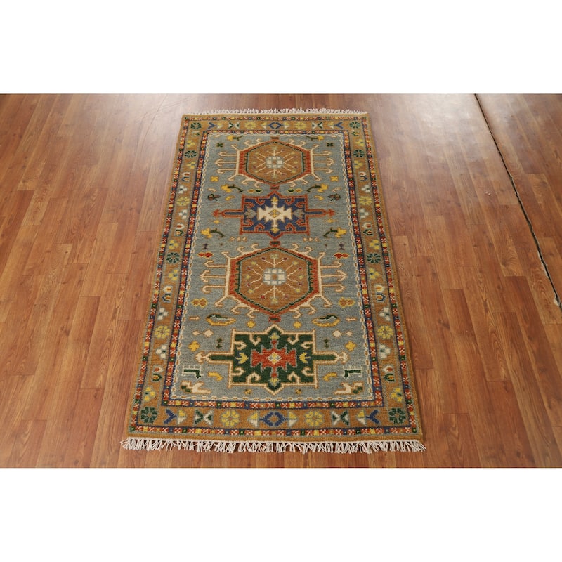 Hand Knotted Oriental 100% Wool Carpet Transitional Geometric Greys & Charcoal Khotan Area Rug - 4' 11'' X 3' 0''