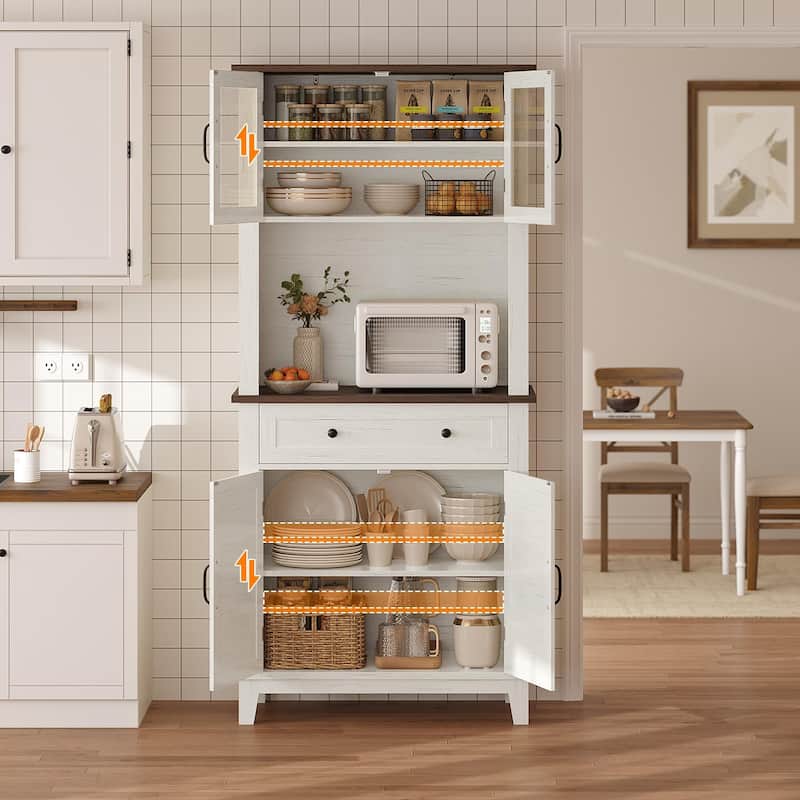 Kitchen Pantry, 72" Farmhouse Coffee Bar Table with Storage Drawers & Glass Doors