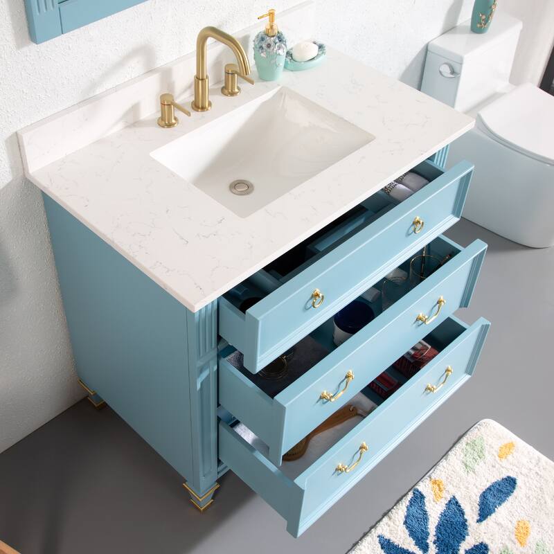 35'' H X 36'' W Solid Wood Bath Vanity with Stain-resistant Carrera White Quartz Top and Single Sink