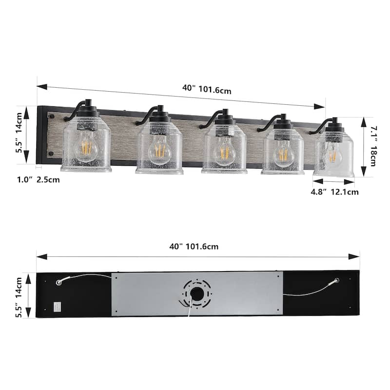 40" Farmhouse Vanity Light Fixture, 5-Light Bathroom Wall Sconce with Clear Seeded Glass Shades, Black and Wood Grain Finish