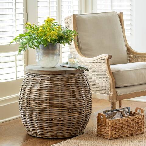Rattan Side Table with Wood Top - Natural - 23.5"L x 23.5"W x 21.25"H
