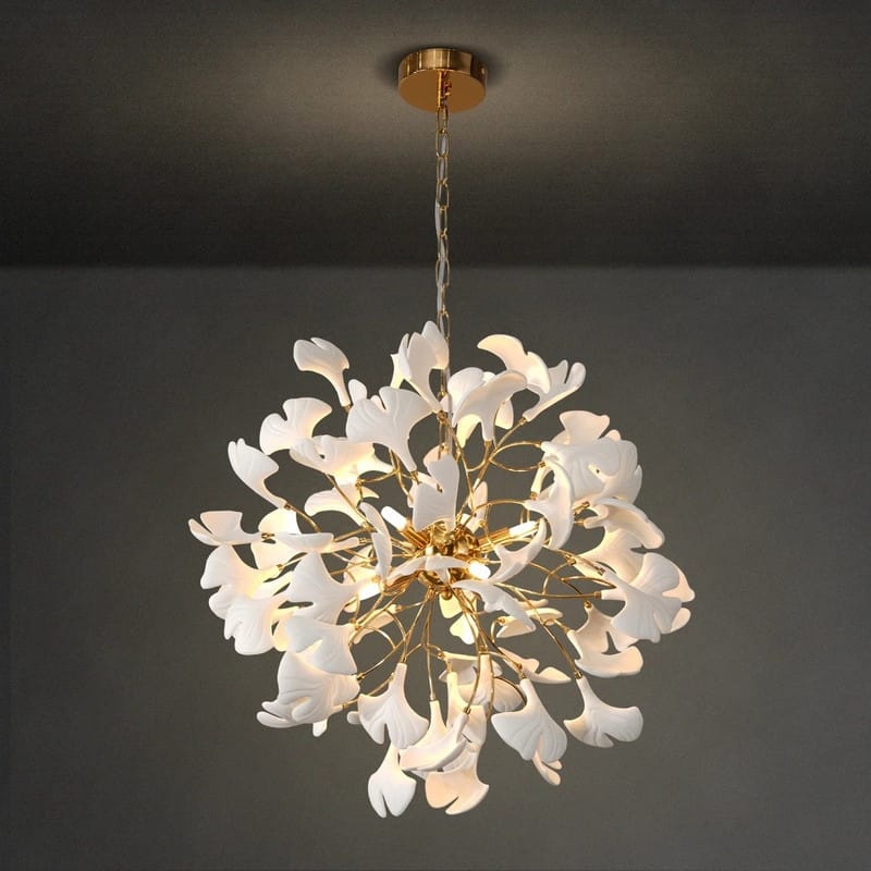 KAYLA Modern Gold Tree Branch Ginkgo Leaf Chandelier - 55" Rectangle Ceramic & Aluminum Design - Spherical 23.6in