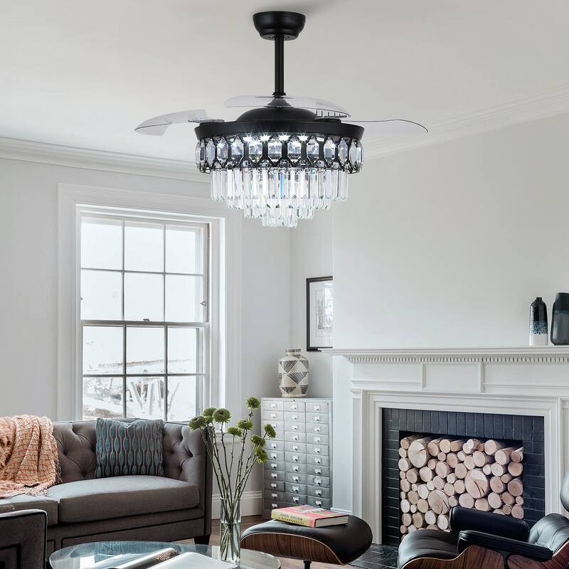 48" Crystal Fandelier Ceiling Fan with Light and Retractable Blades LED Dimmable for Bedroom Living Room - 48 Inches