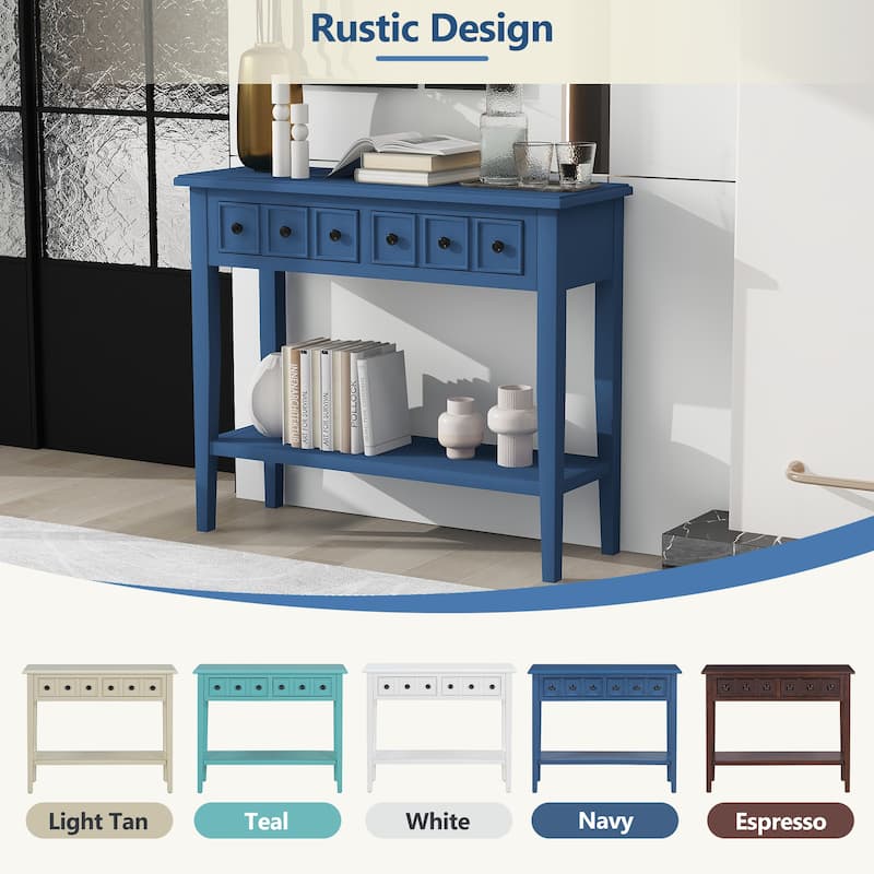 Rustic Console Table with Open Shelf and Rubber Wood Legs
