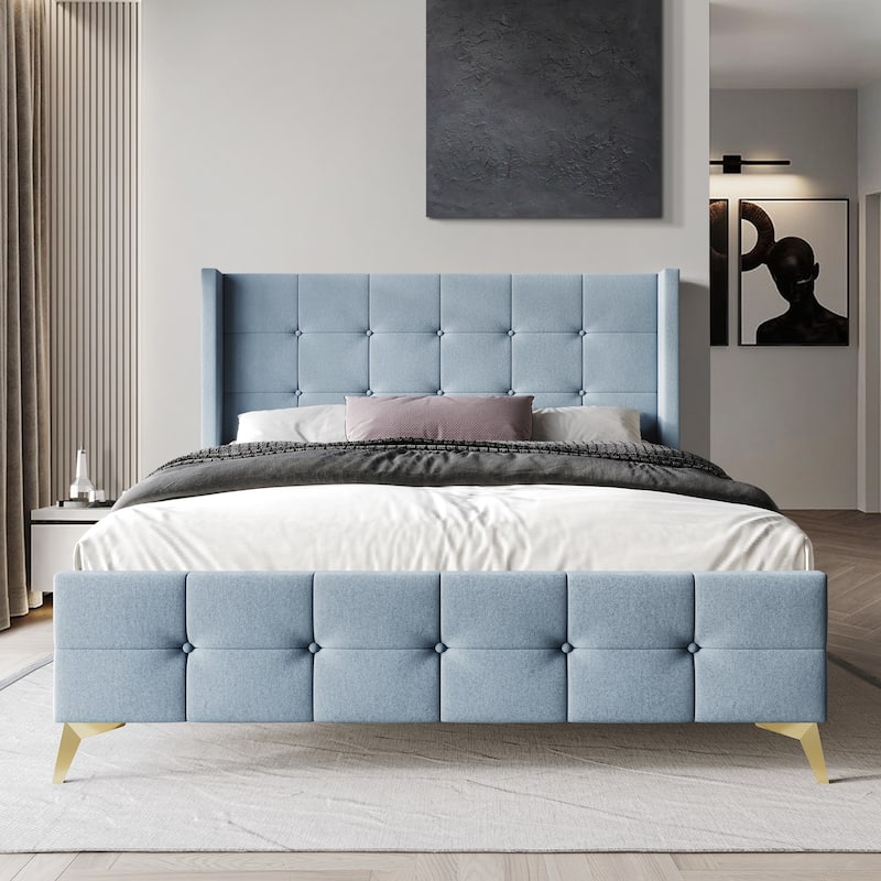 CraftPorch Luxurious Square Button-Tufted Wingback Velvet Upholstered Bed