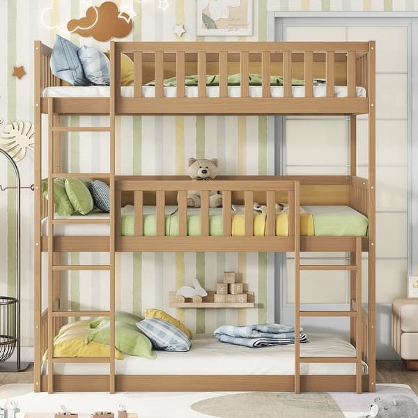 slide 2 of 13, Twin Size Triple Rubber Wood Bunk Bed, Oak Oak