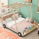 preview thumbnail 1 of 12, Wood Full Size Car Bed with Pillow, Ceiling Cloth, LED and Canopy Frame, Wood Kid Bed Frame, No Box Spring Needed Natural