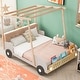 preview thumbnail 1 of 11, Wooden Full Size Car Bed with Pillow, Ceiling Cloth, LED Lights & Storage Rack, Natural Natural