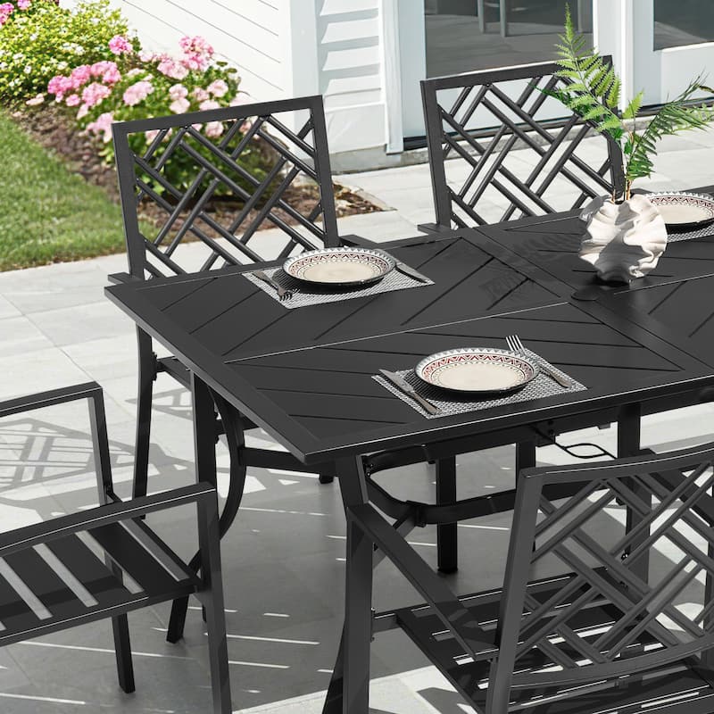 7PCS Metal Rectangle Patio Dining Set with Umbrella Hole, Stackable Design