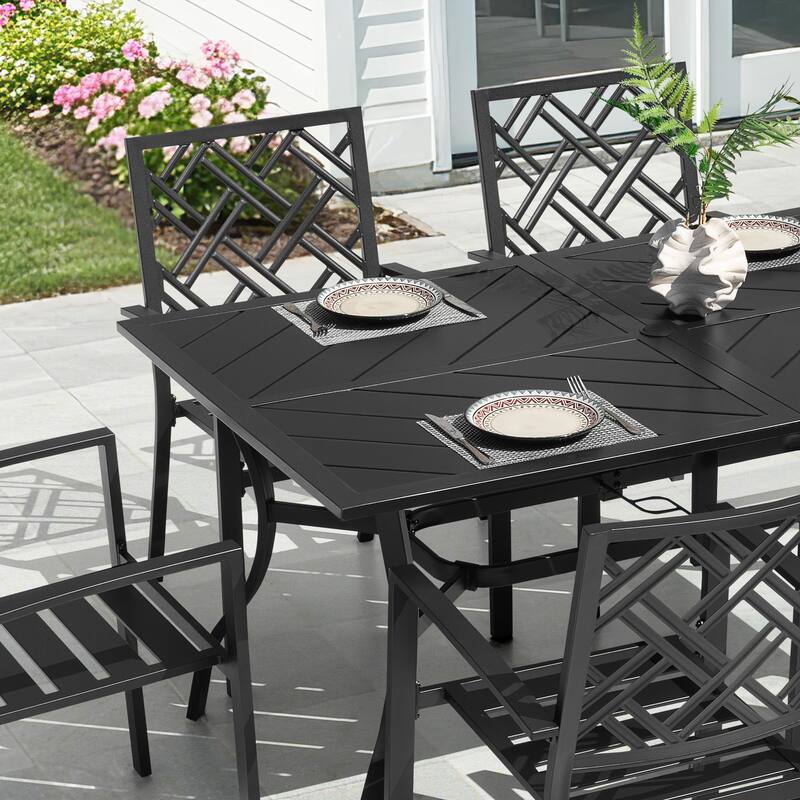 Outdoor Rectangle Iron Dining Table, Splice Tabletop with Umbrella Hole