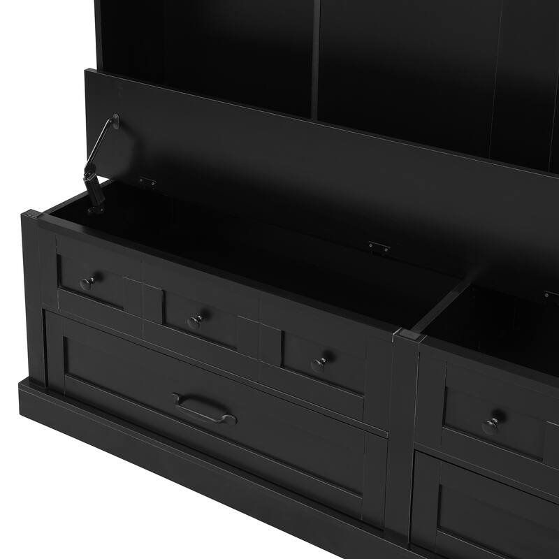 Roomfitters Elegant Wide Hall Tree with Lift-Top Bench, Wooden Mudroom Organizer with 5 Coat Hooks and 2 Storage Sections