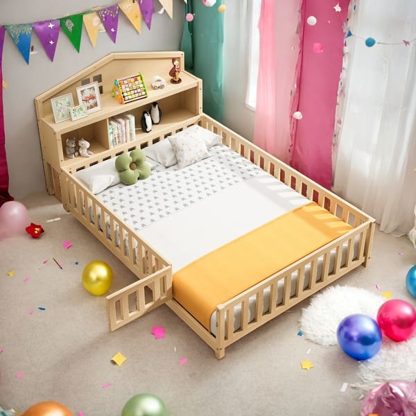 slide 2 of 13, Full Size Platform Bed with Bookcase and Chalkboard Natural