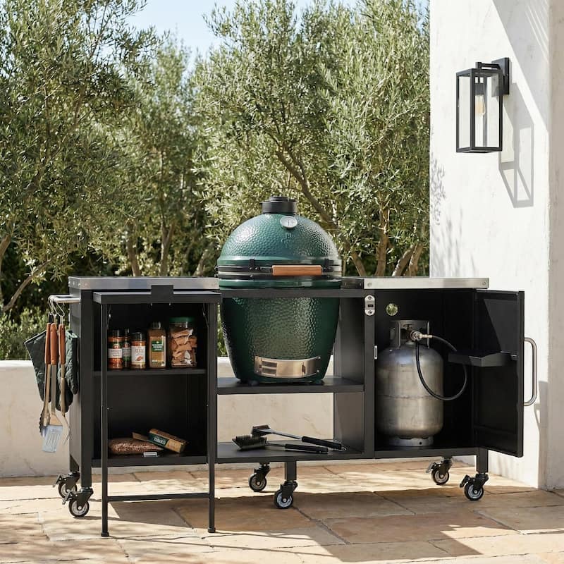 72.4" Large Grill Table Cart for Big Green Egg - Metal Outdoor Kitchen Island with Fold-out Prep Table & Adjustable Shelves