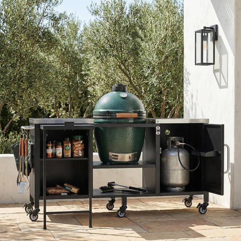 72.4" Large Kitchen Island, Metal Grill Table with Fold-out Prep Table, Adjustable Shelves for Big Green Egg, Kamado Joe Classic