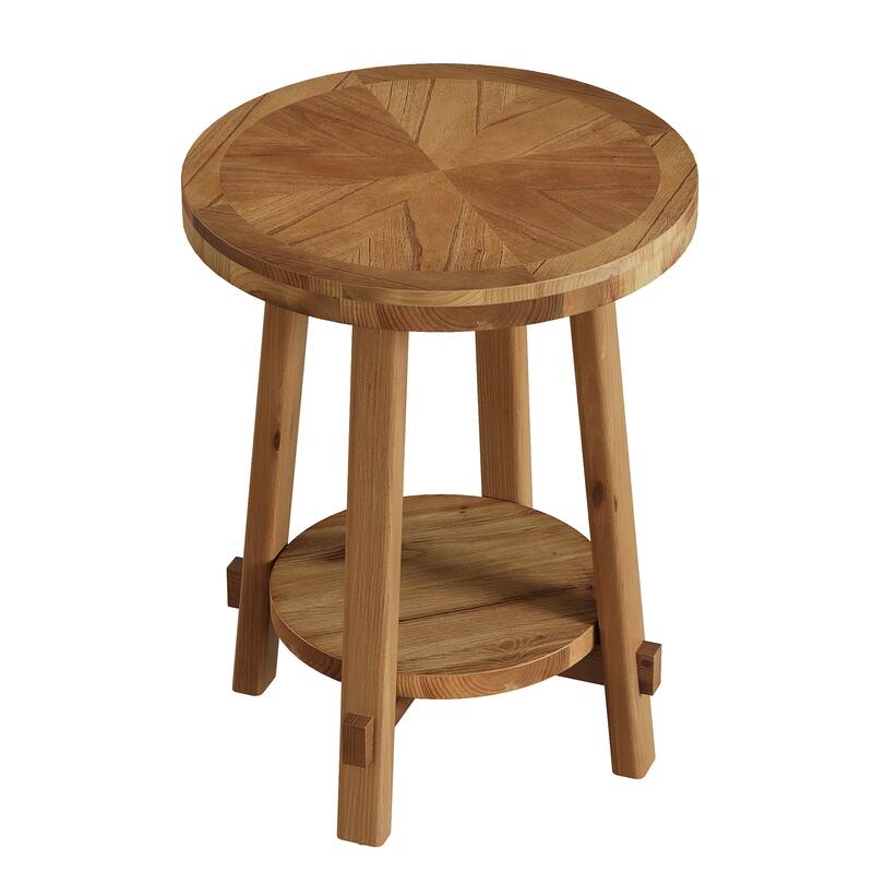 Round Side Table, Solid Wood 2 Tier End Table for Living Room