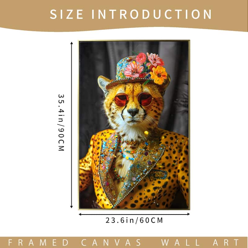 Abstract Art Wall Decor:Cheetah In Leopard Print Suit With Sunglasses And Hat Featuring Flower - Unique Modern Canvas Painting